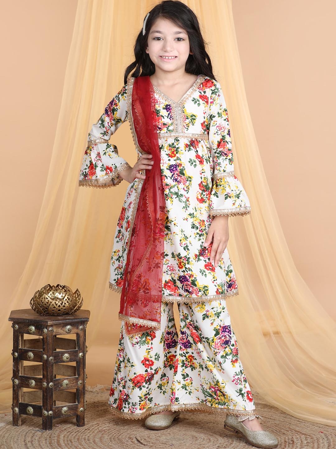 

Cutiekins Girls Floral Printed Empire Gotta Patti Kurta with Palazzos & Dupatta, Off white