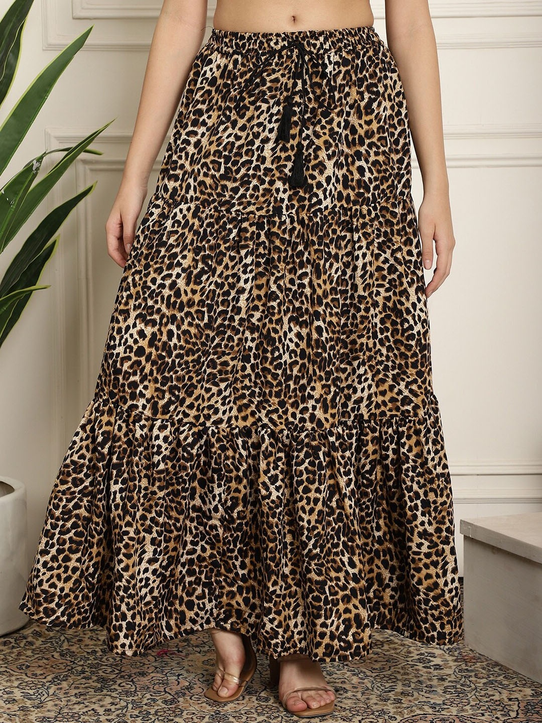 

NEUDIS Animal Printed Maxi Tiered Flared Skirt, Brown
