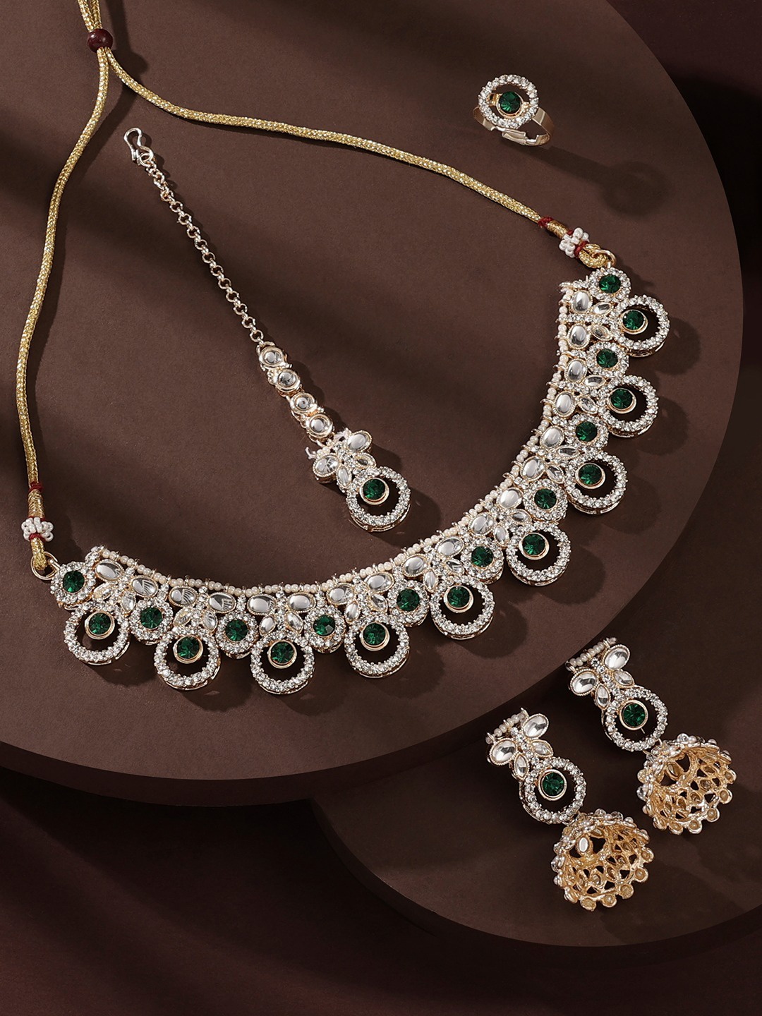 

Zaveri Pearls Gold Plated Kundan & Austrian Diamonds Stone Studded Jewellery Set