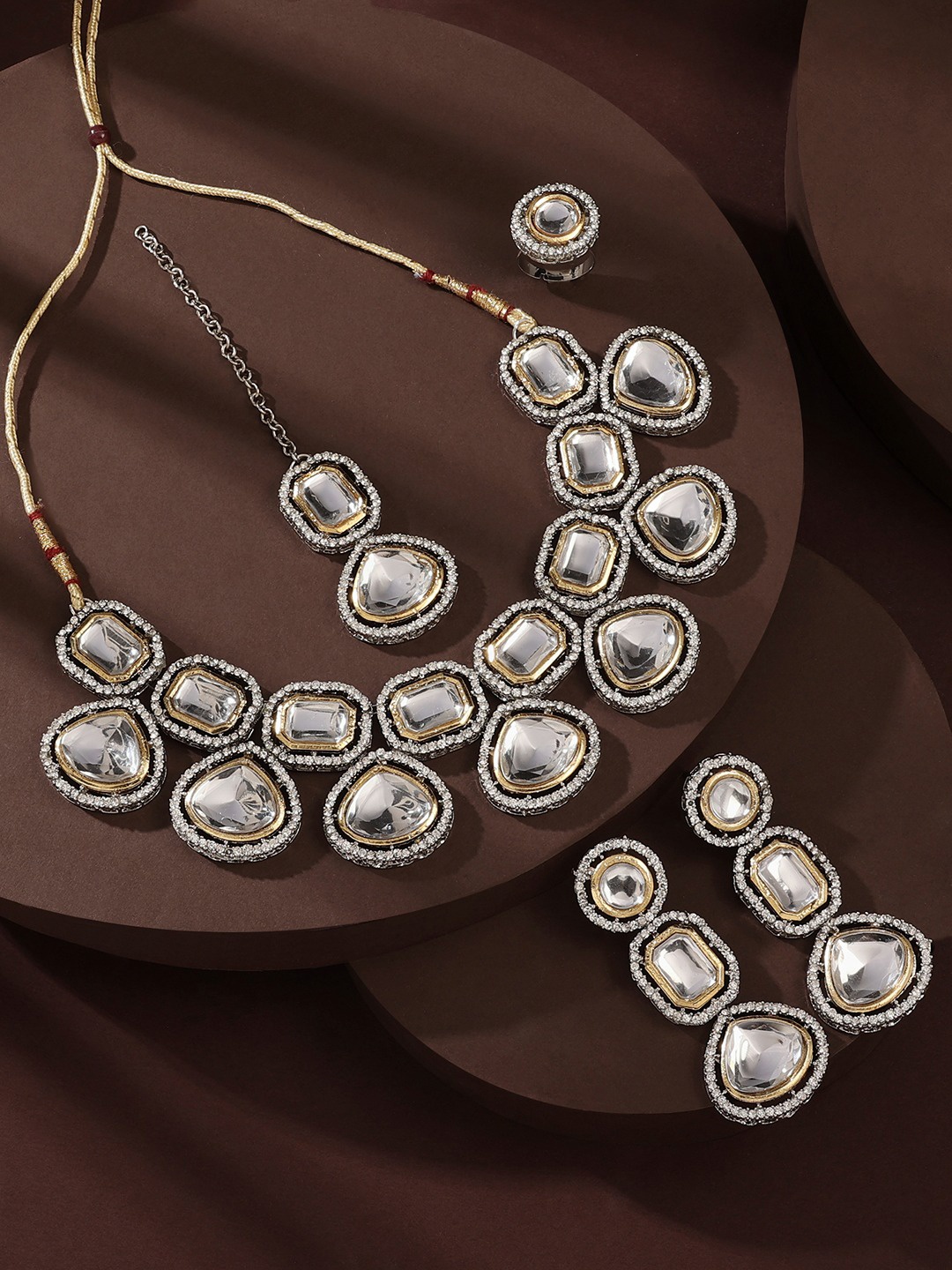 

Zaveri Pearls Silver Plated Austrian Diamonds Stone Studded Jewellery Set