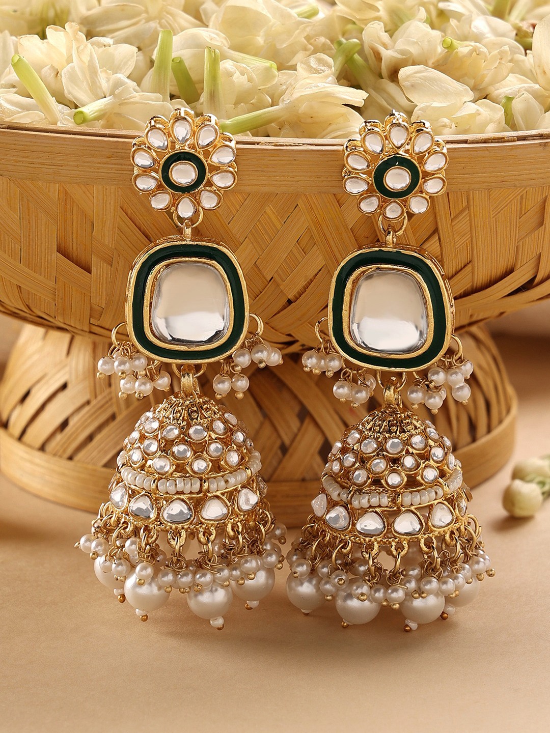 

Zaveri Pearls Gold Plated Dome Shaped Kundan Studded & Beaded Jhumkas