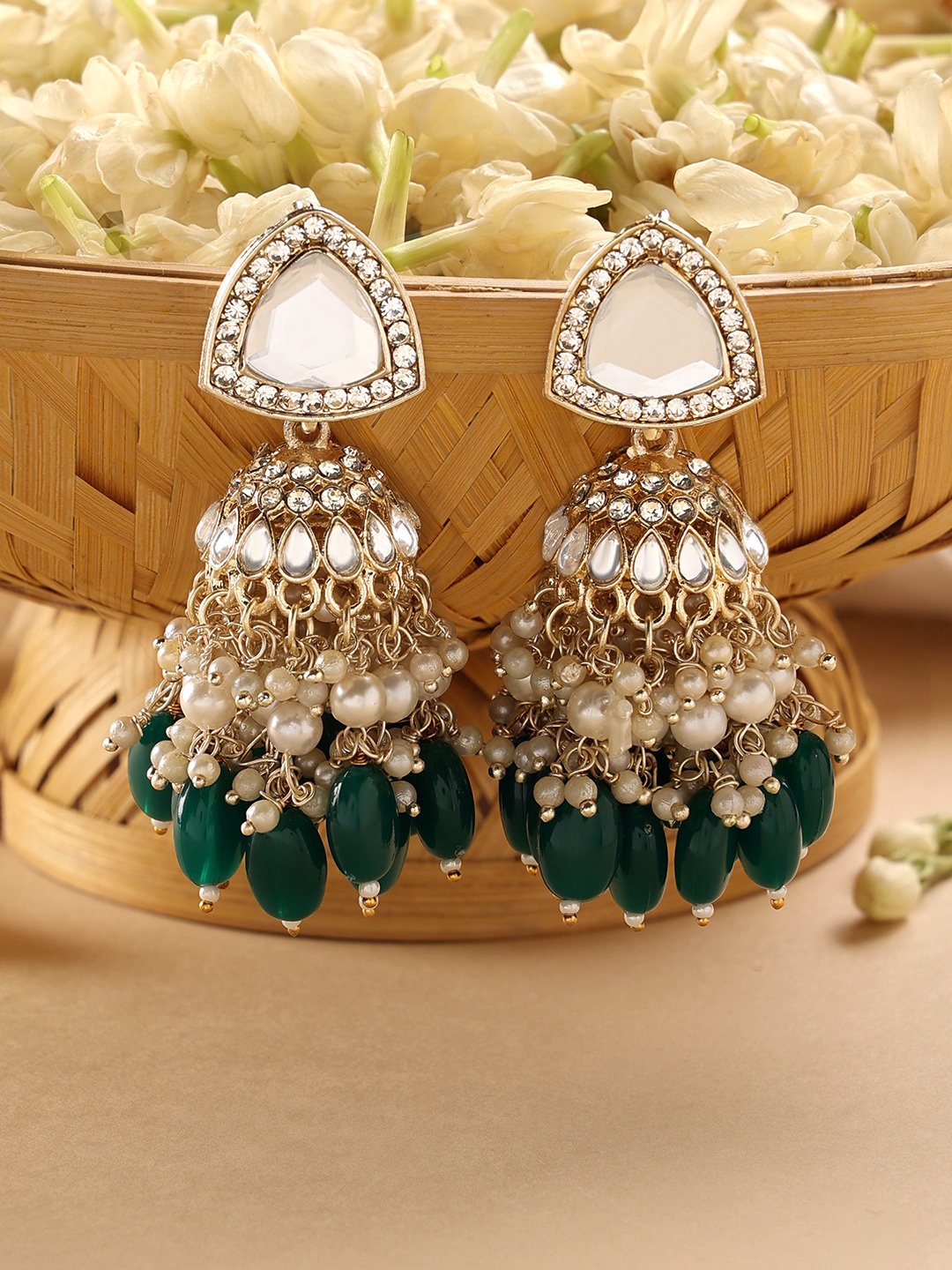 

Zaveri Pearls Gold-Plated Kundan-Studded Contemporary Jhumkas