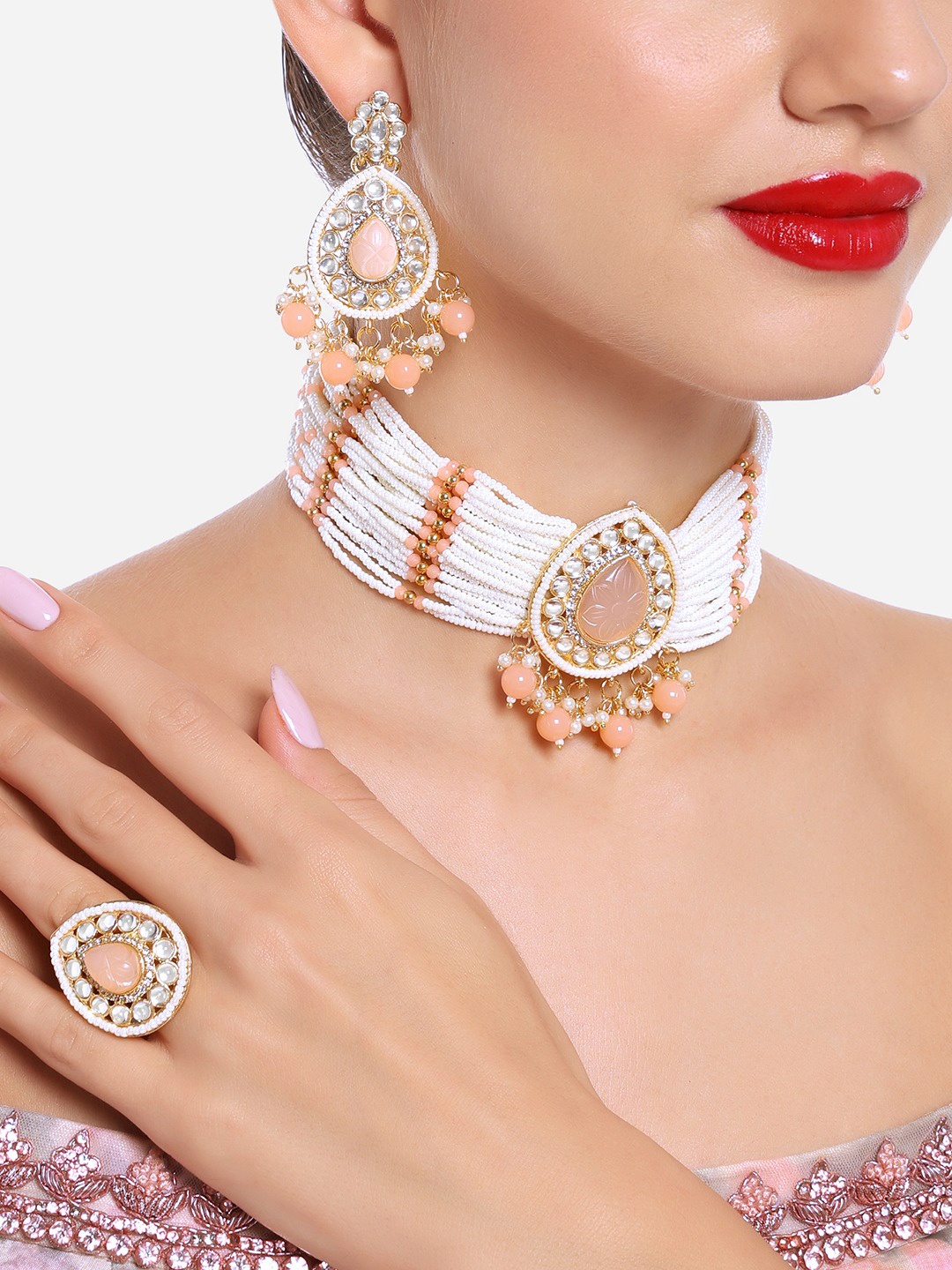 

Zaveri Pearls Gold-Plated Kundan Stones & Beads Jewellery Set, Orange