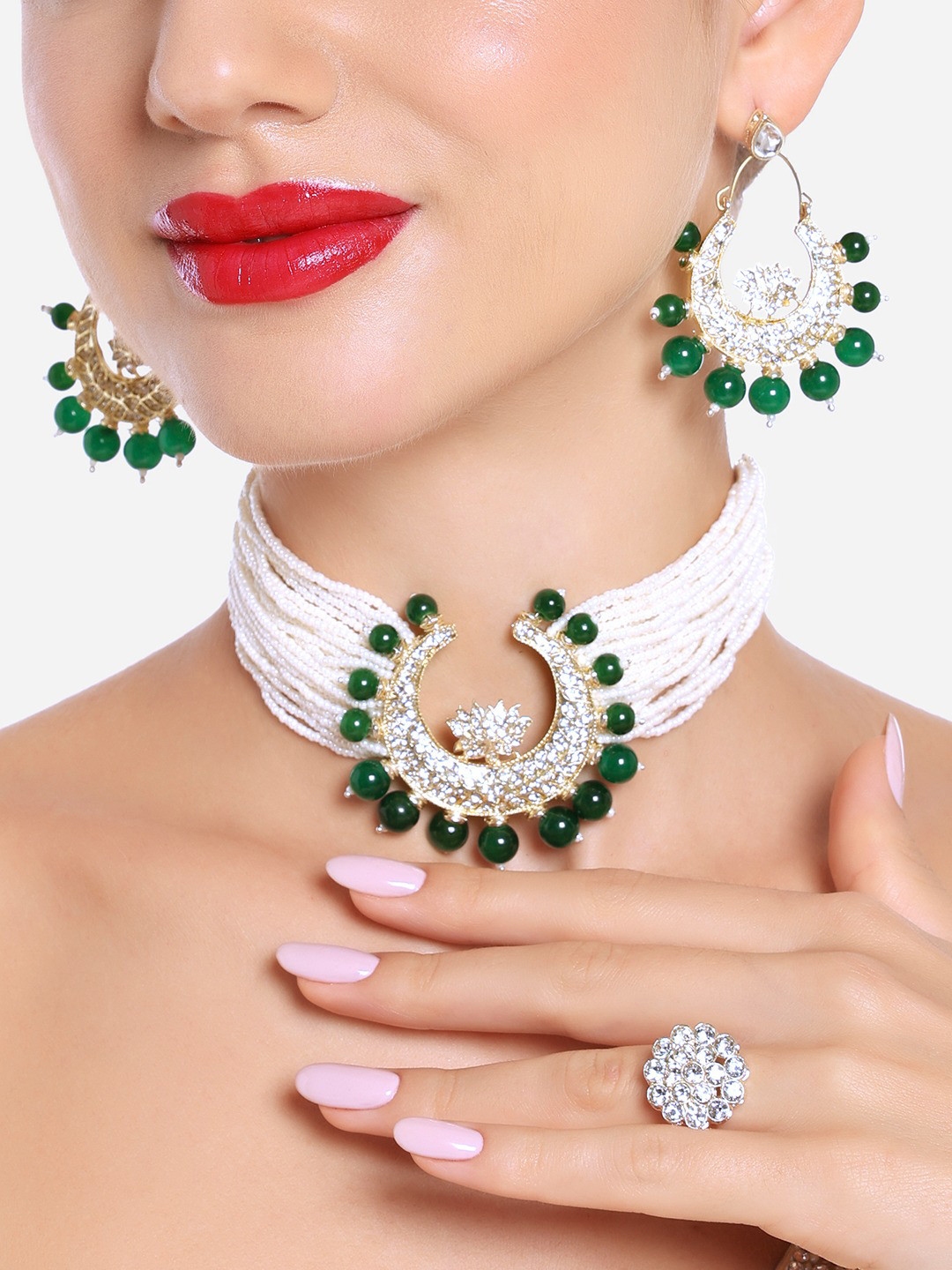 

Zaveri Pearls Gold-Plated Stone-Studded & Beaded Jewellery Set