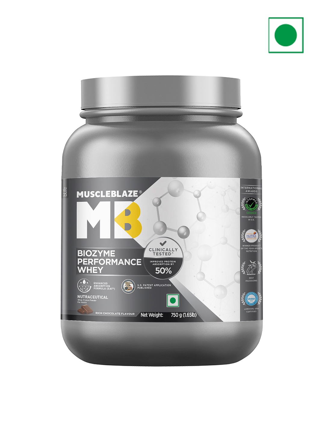 

MuscleBlaze Biozyme Performance Rich Chocolate Whey Protein Powder 750gm, Grey