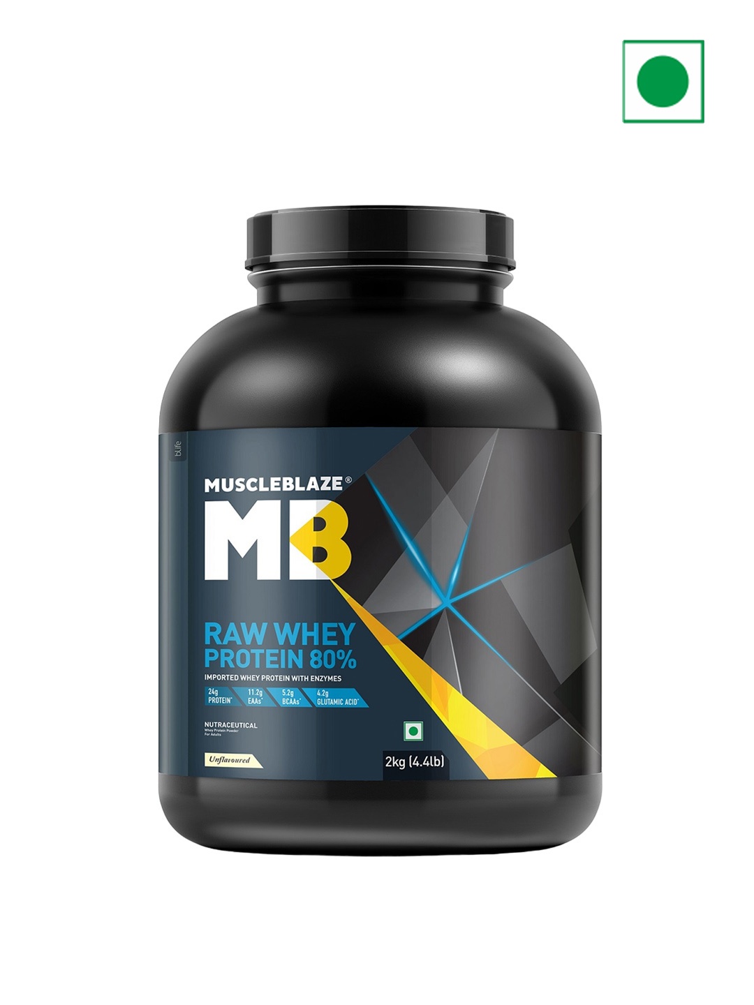 

MuscleBlaze Raw Whey Protein Concentrate 80% With Added Digestive Enzymes Unflavoured-2kg, Black