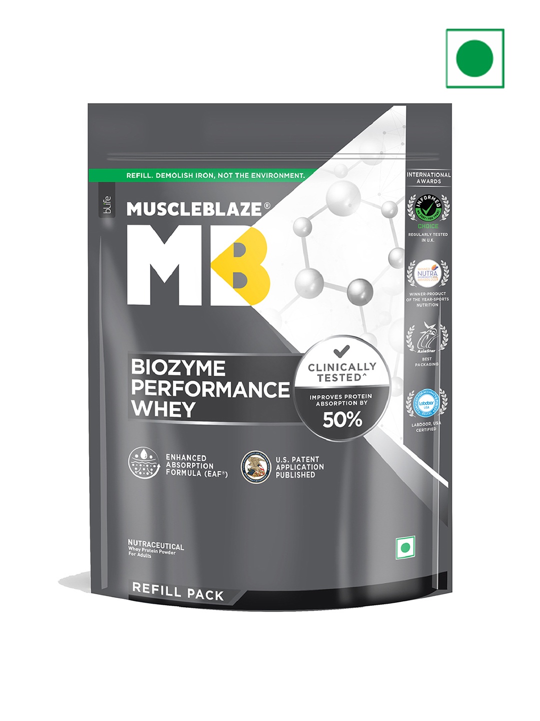 

MuscleBlaze Biozyme Performance Whey Protein - Rich Chocolate - 1 kg Refill Pack, Brown