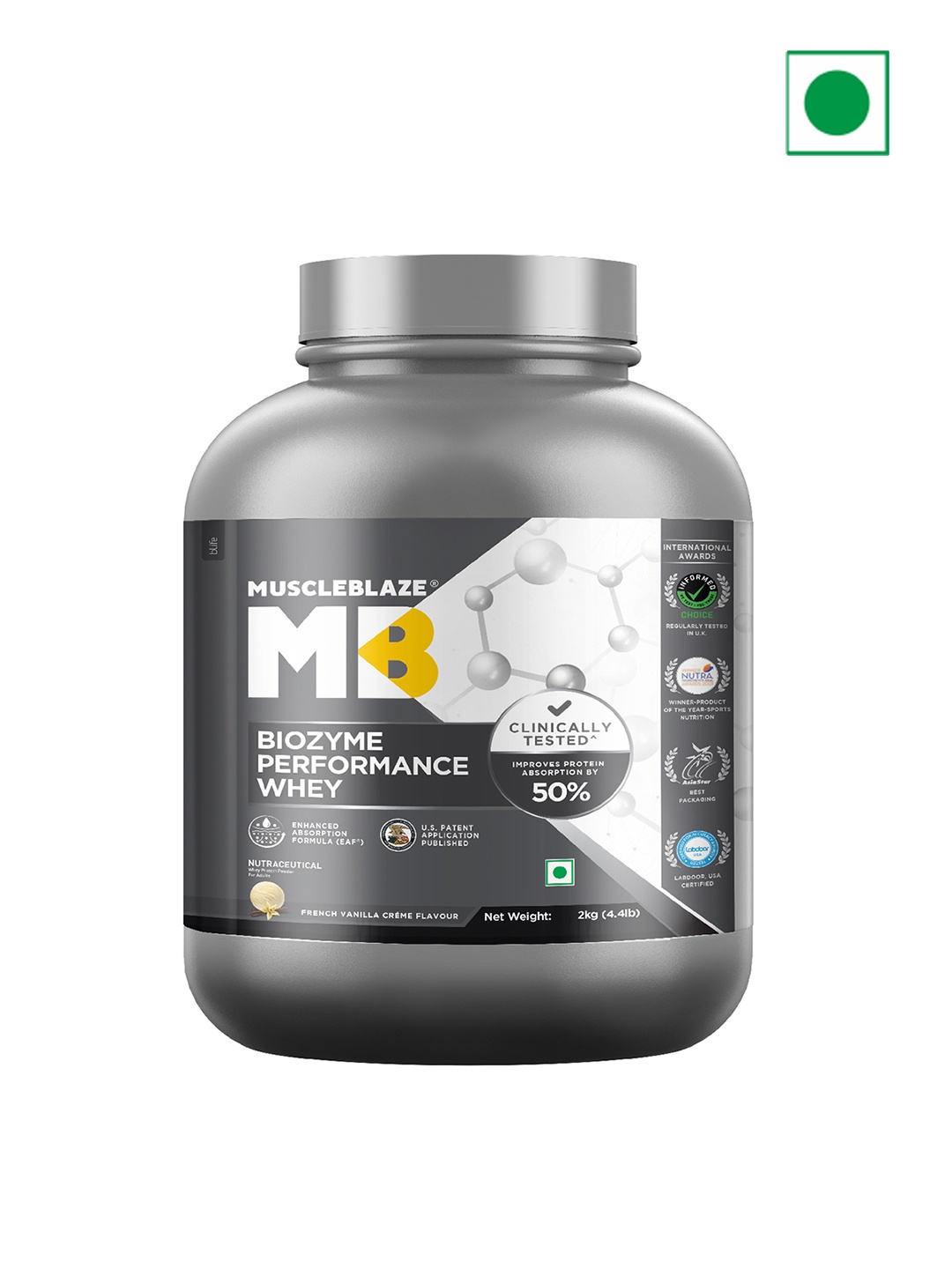 

MuscleBlaze Biozyme Performance Whey Protein French Vanilla Creme-2kg, Grey