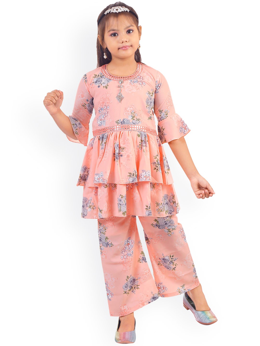 

BURBN Girls Floral Printed Regular Mirror Work Kurta with Palazzos, Peach
