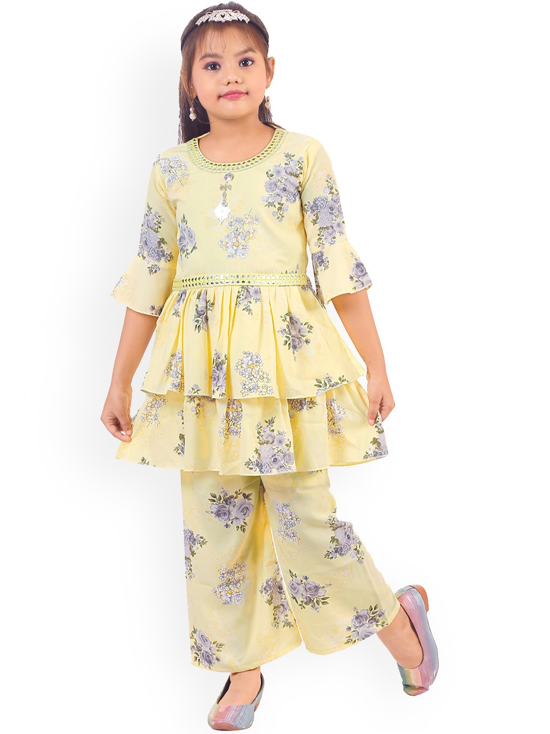 

BURBN GirlsFloral Printed Regular Mirror Work Kurta with Palazzos, Yellow