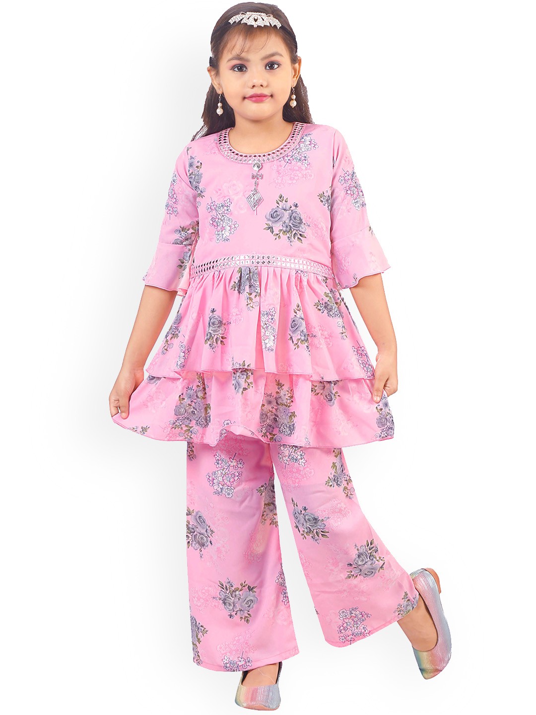 

BURBN Girls Floral Printed Regular Mirror Work Kurta with Palazzos, Pink