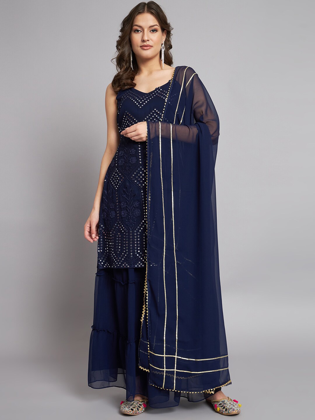 

KALINI Embroidered Regular Mirror Work Kurta With Sharara & Dupatta, Navy blue
