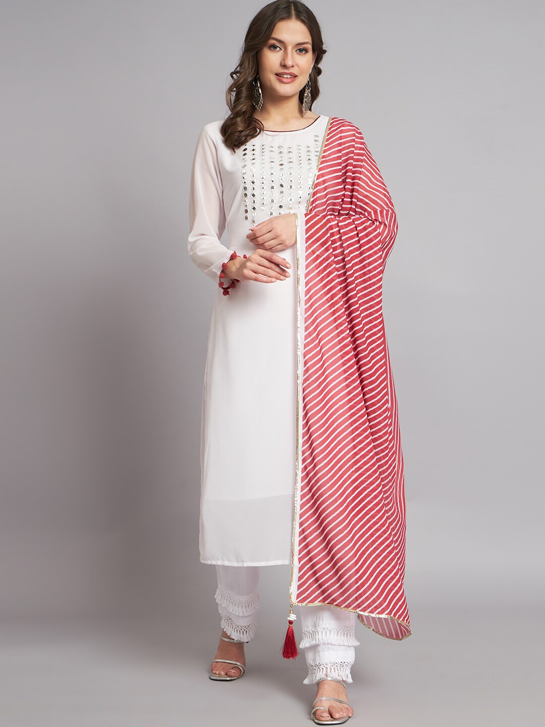 

KALINI Yoke Design Regular Mirror Work Kurta With Trousers & Dupatta, White