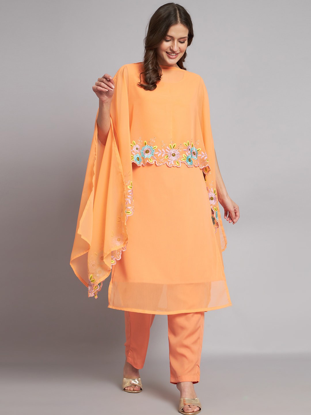

KALINI Regular Georgette Kurta With Trousers & Stitched Dupatta, Orange