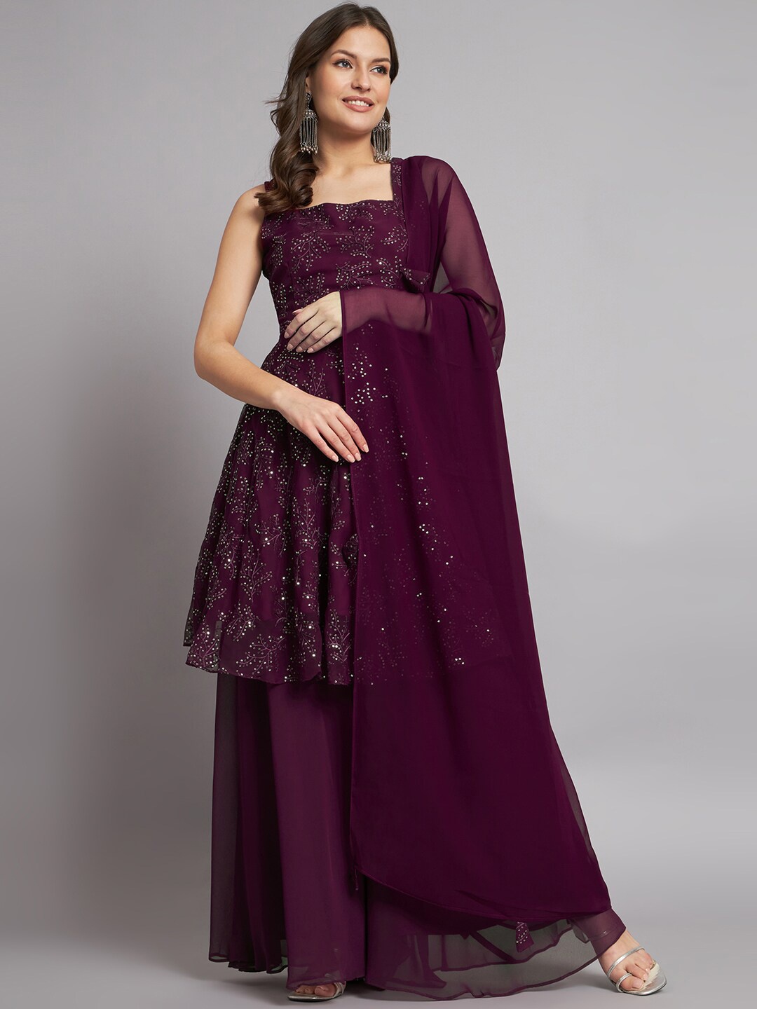 

KALINI Ethnic Motifs Embroidered Sequinned Kurta With Palazzos & Dupatta, Burgundy