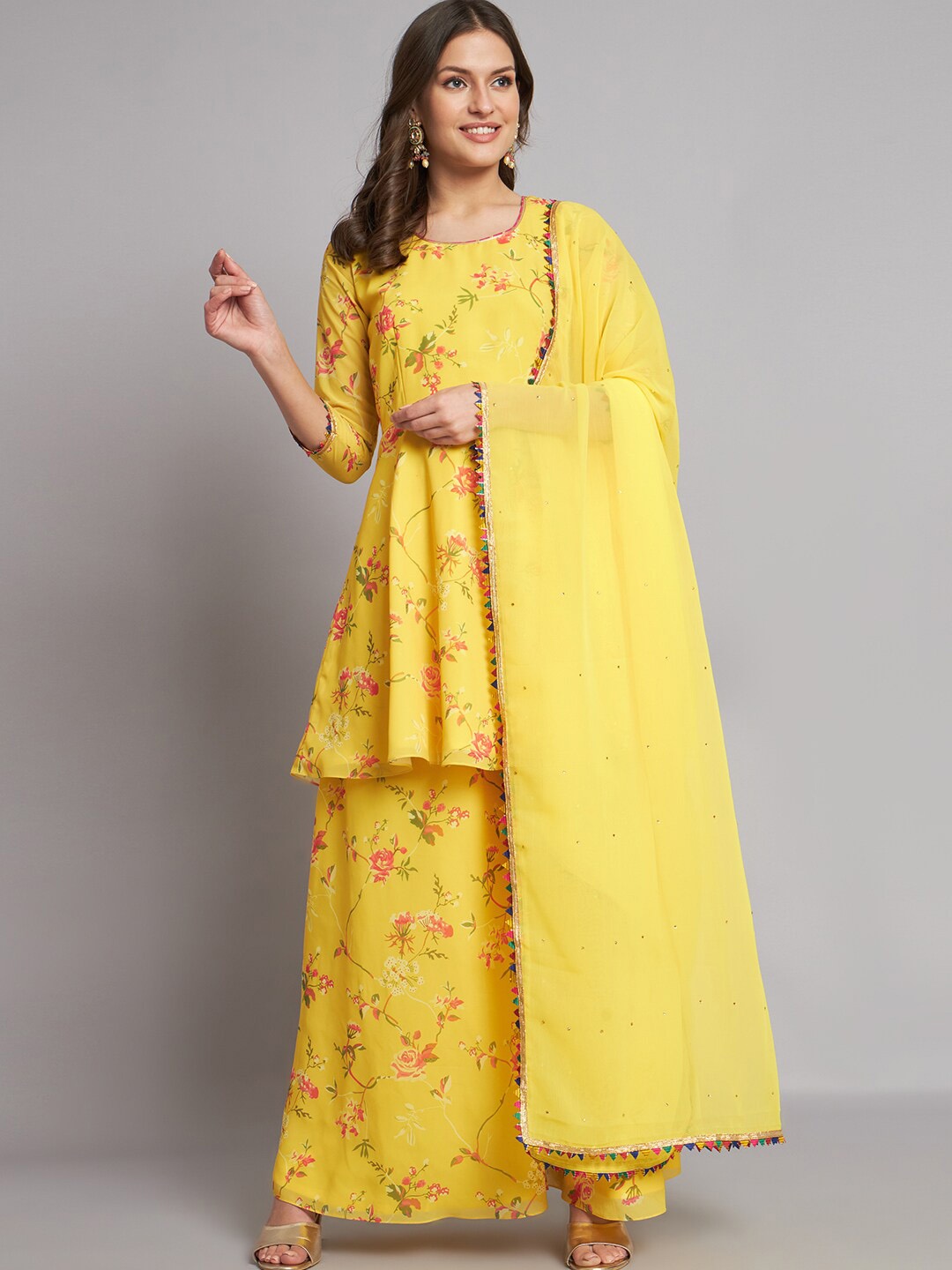 

KALINI Floral Printed Regular Georgette Kurti With Palazzos & Dupatta, Yellow