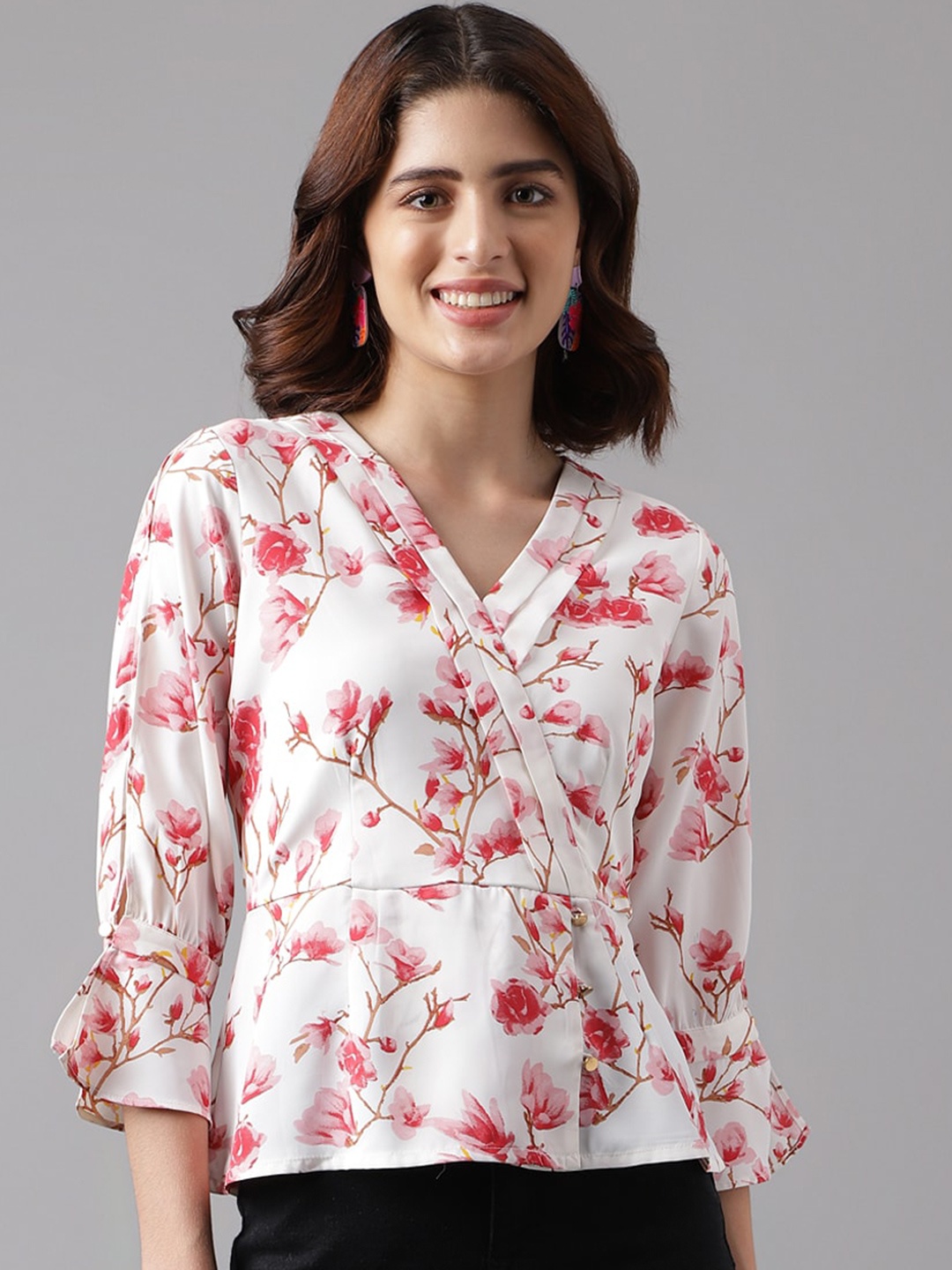 

Latin Quarters Floral Printed Bell Sleeve Wrap Top, Pink