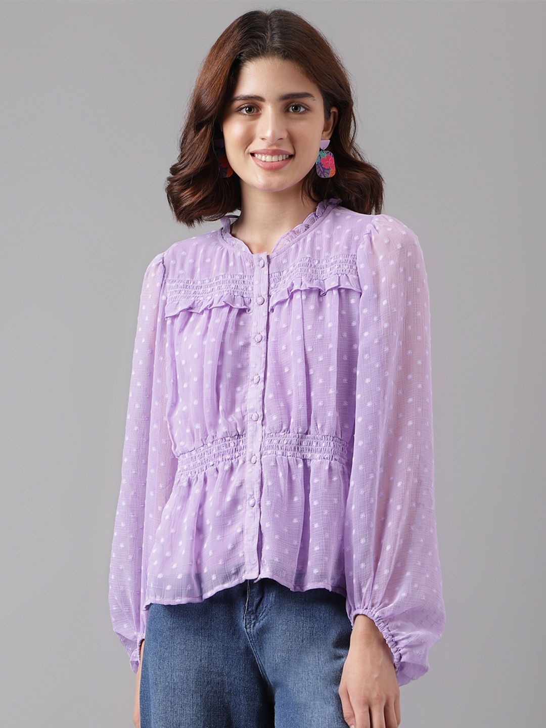 

Latin Quarters Self Design Mandarin Collar Puff Sleeve Shirt Style Top, Lavender