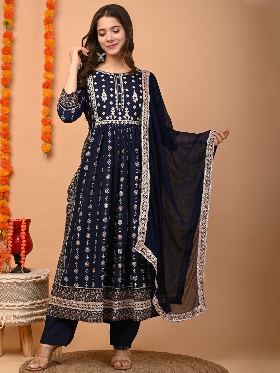 

TOULIN Ethnic Motifs Printed Thread Work Kurta with Palazzos & With Dupatta, Navy blue