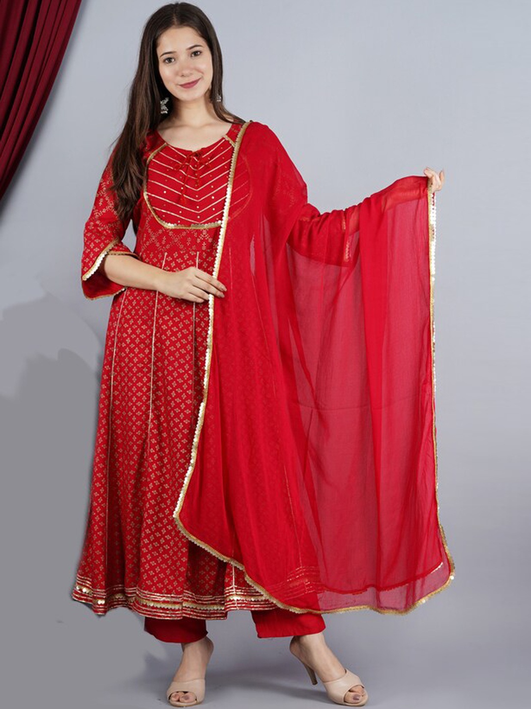 

TOULIN Ethnic Motifs Printed Anarkali Gotta Patti Kurta with Trousers & With Dupatta, Red