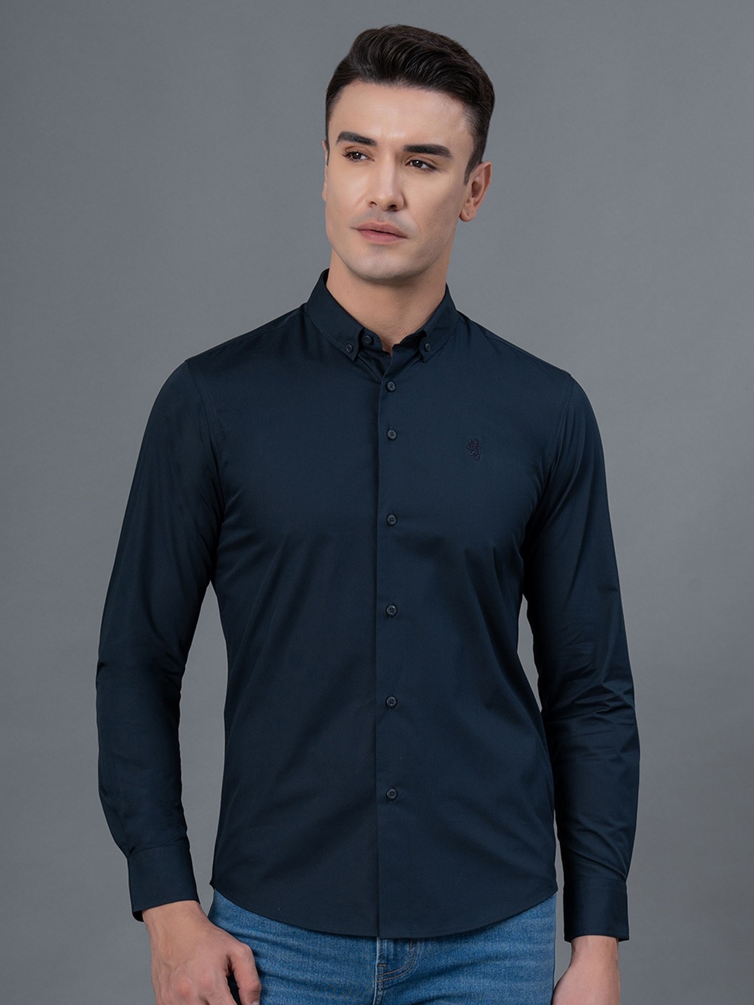 

Red Tape Button Down Collar Solid Casual Shirt, Navy blue