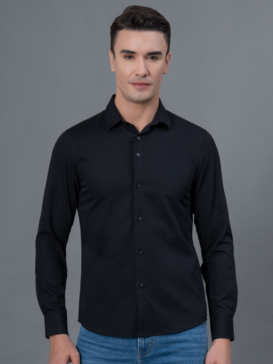 

Red Tape Spread Collar Pure Cotton Casual Shirt, Black