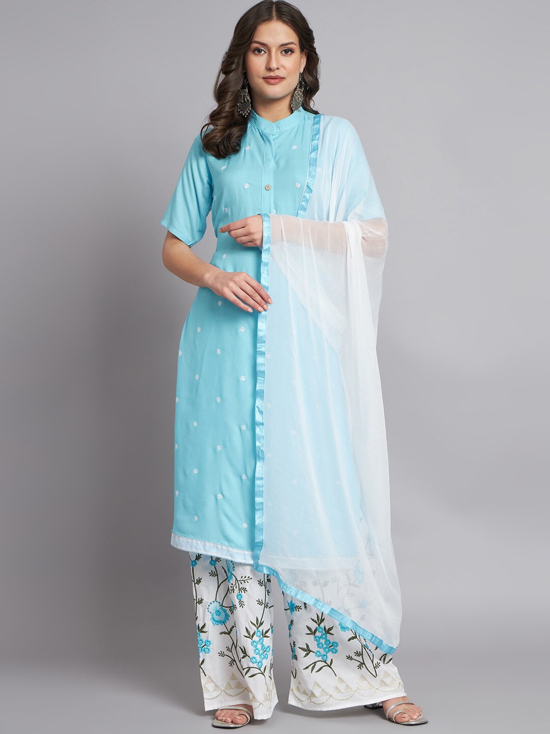 

KALINI Floral Embroidered Thread Work Semi Stitched Kurta With Palazzos & Dupatta, Blue