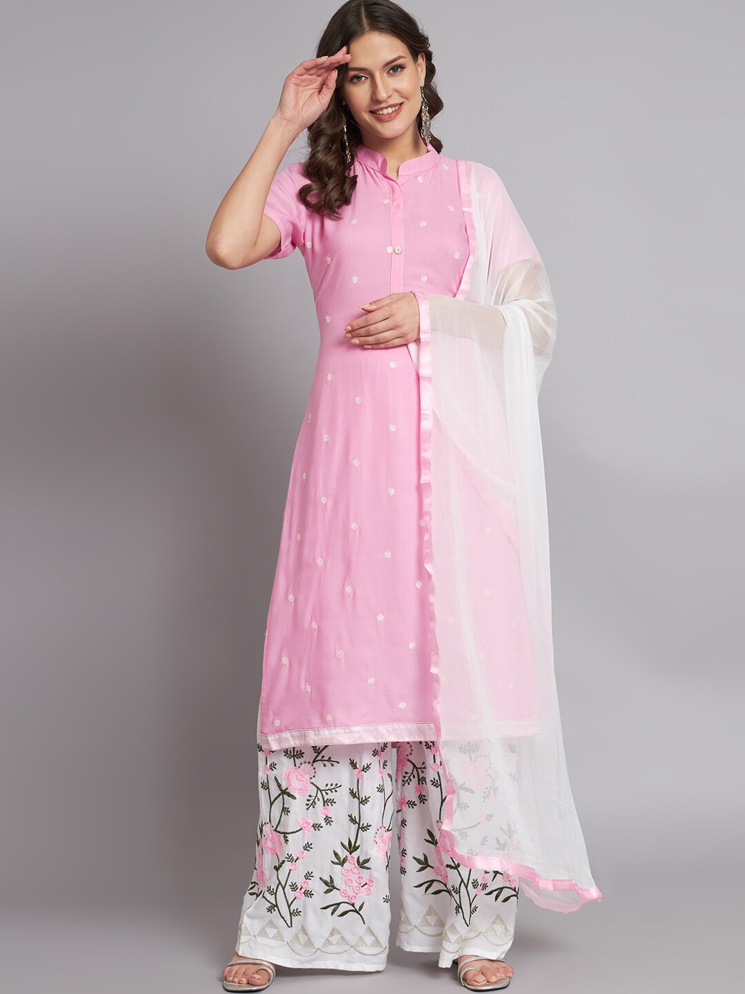 

KALINI Ethnic Motifs Embroidered Thread Work Semi Stitched Kurta With Palazzos & Dupatta, Pink
