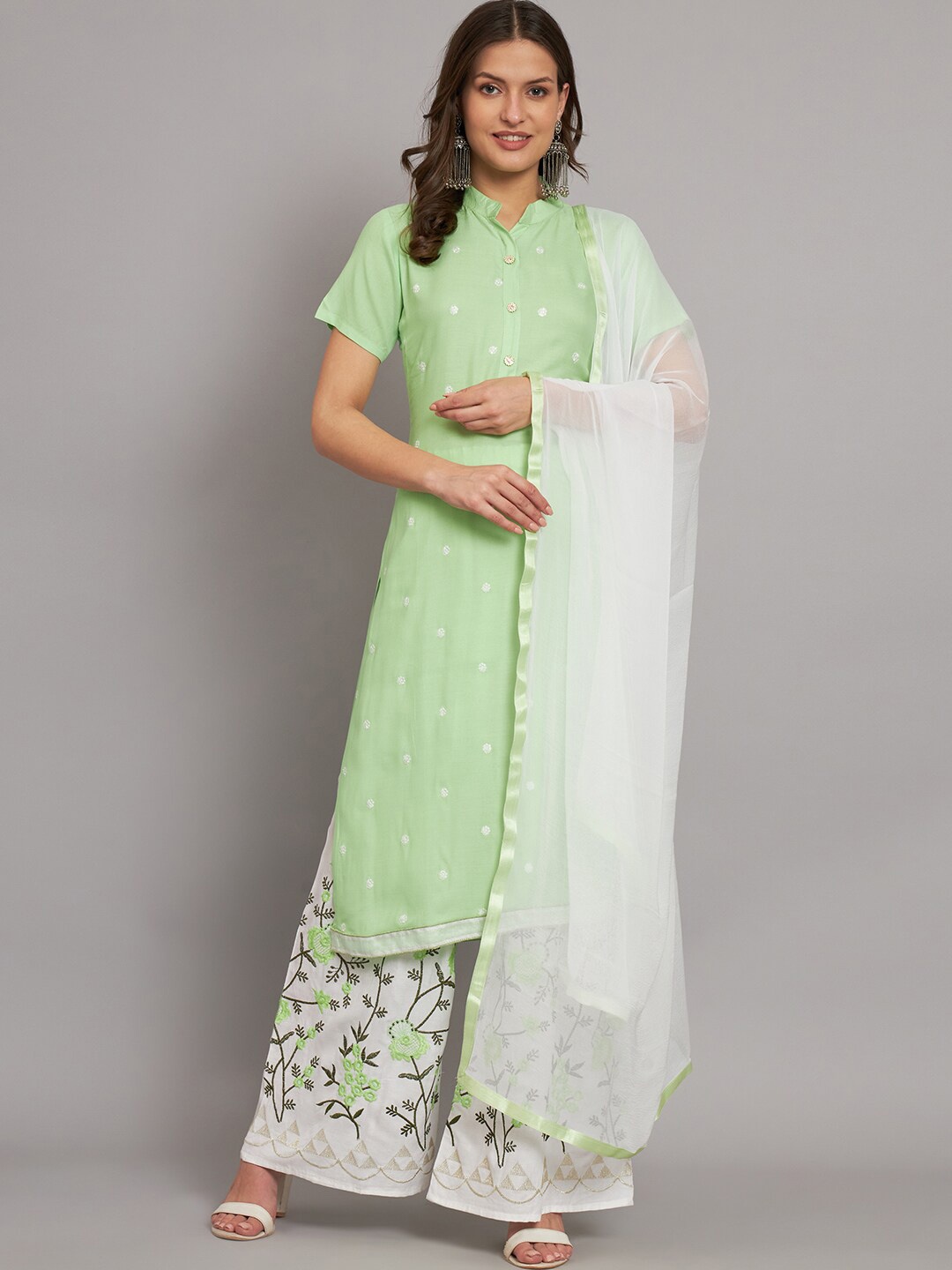 

KALINI Floral Embroidered Regular Thread Work Semi Stitched Kurta With Palazzos & Dupatta, Green