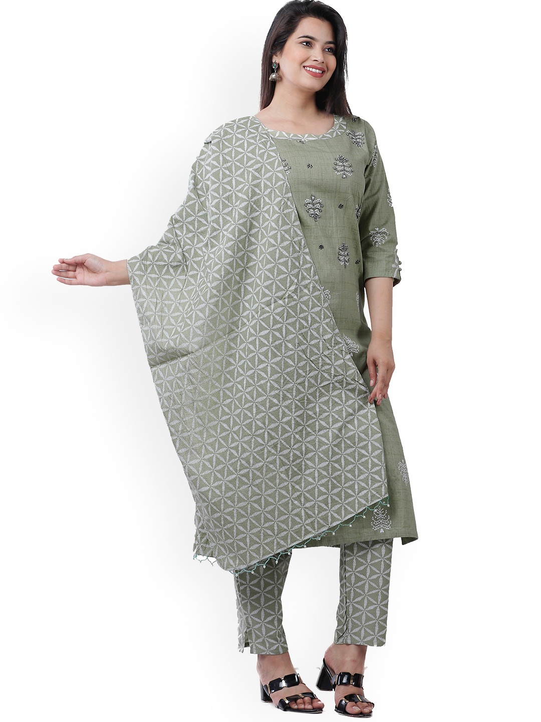 

JC4U Ethnic Motifs Embroidered Pure Cotton Kurta with Trousers & With Dupatta, Green