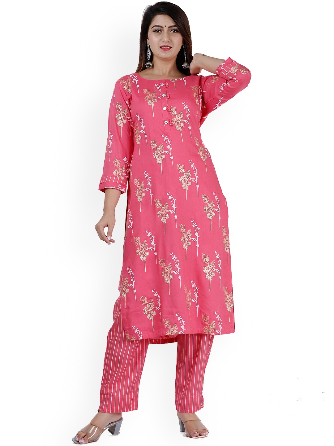 

JC4U Ethnic Motifs Printed Regular Kurta with Trousers, Pink