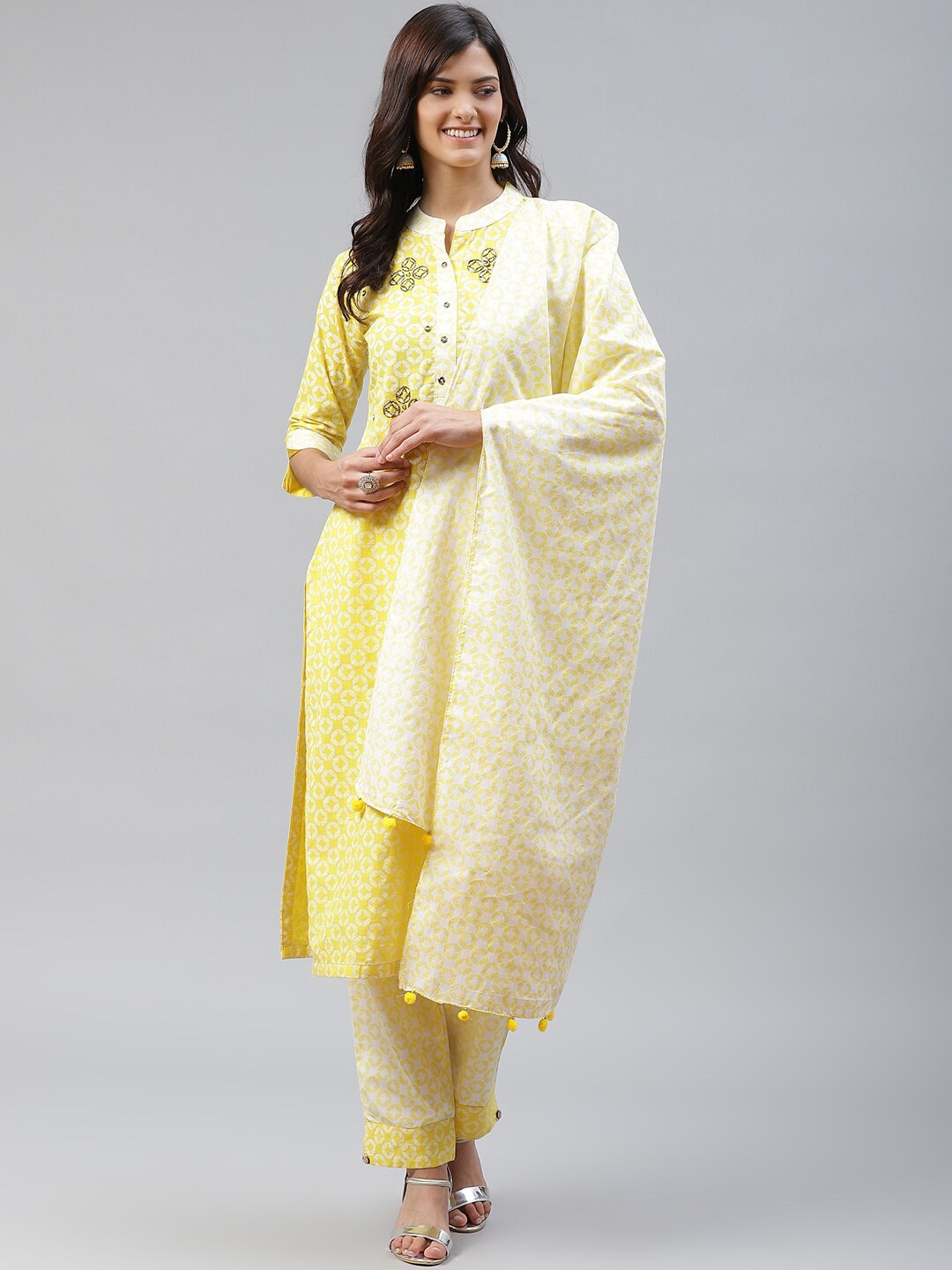 

JC4U Geometric Printed Regular Pure Cotton Kurta with Trousers, Yellow