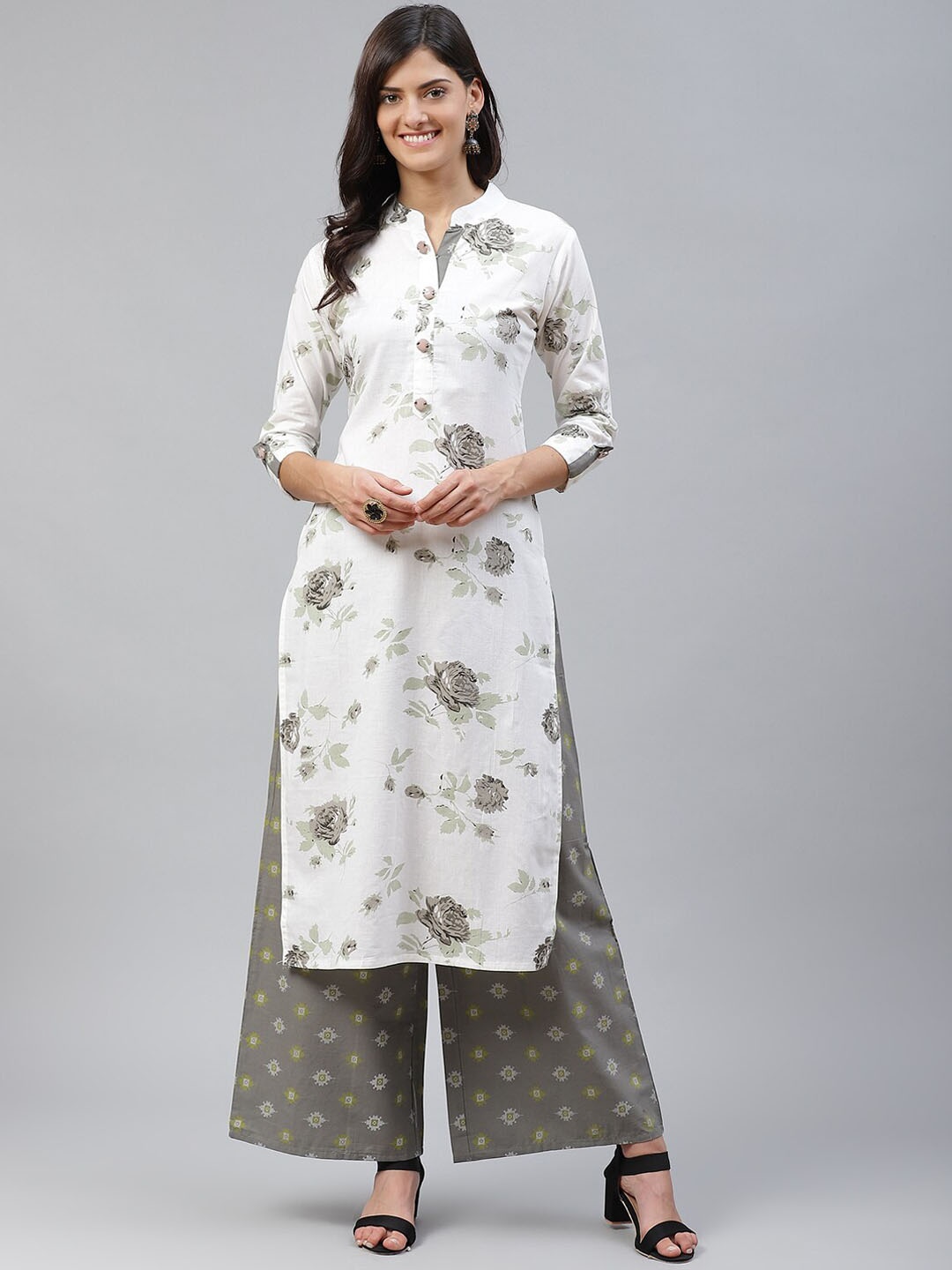 

JC4U Floral Printed Mandarin Collar Regular Pure Cotton Kurta with Palazzos, Grey