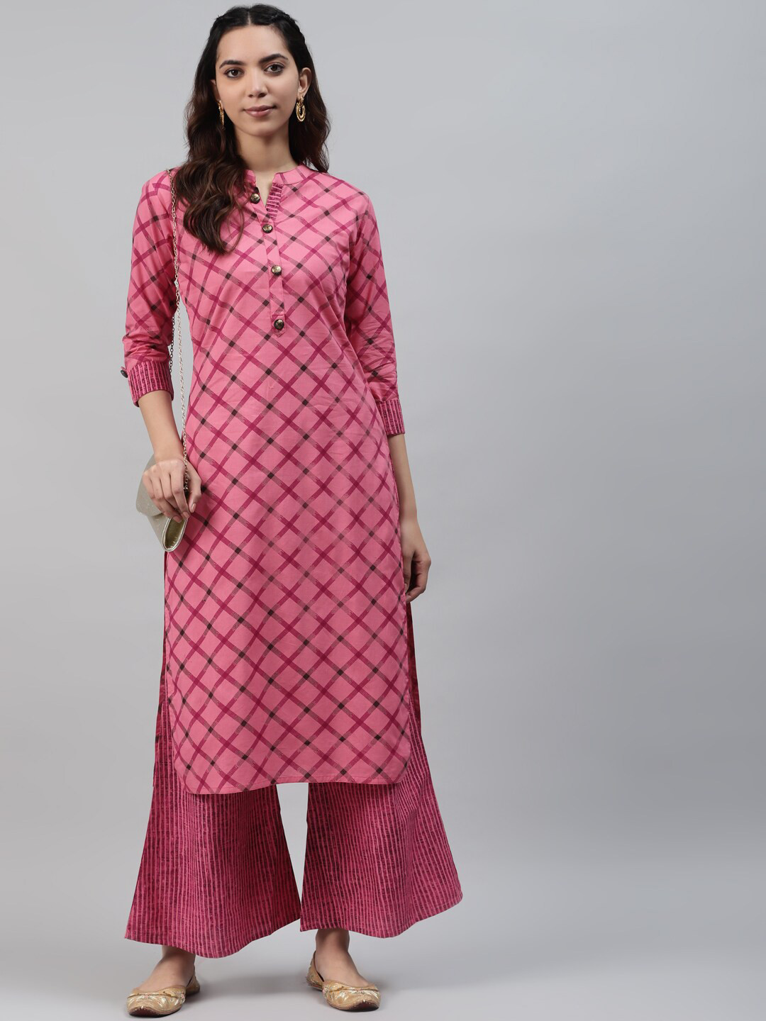 

JC4U Checked Regular Pure Cotton Straight Kurta with Palazzos, Pink
