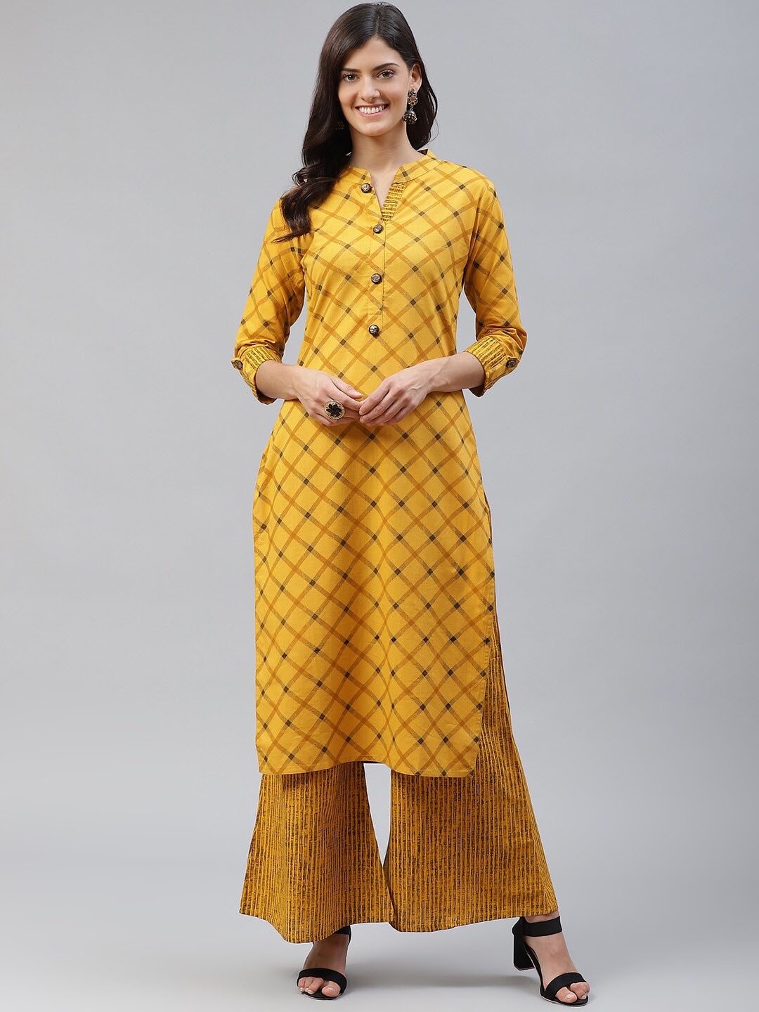 

JC4U Geometric Printed Mandarin Collar Regular Pure Cotton Kurta with Palazzos, Yellow