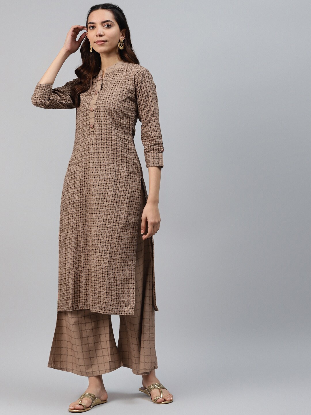 

JC4U Ethnic Motifs Printed Regular Pure Cotton Kurta with Palazzos, Brown