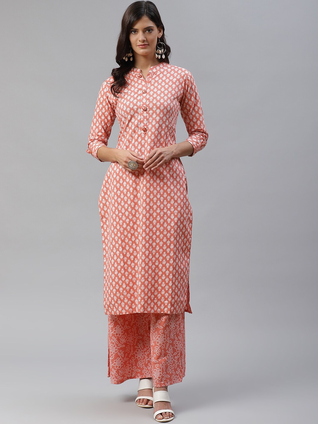 

JC4U Floral Printed Mandarin Collar Regular Pure Cotton Kurta with Palazzos, Peach