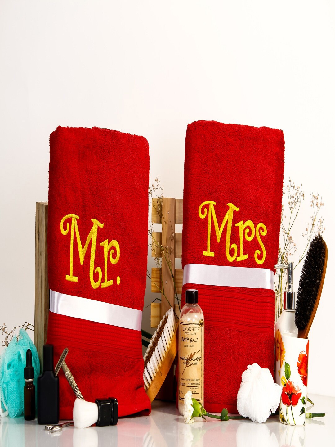 

GAB Red 2 Pieces Couple Mr & Mrs Absorbent Pure Cotton 500 GSM Bath Towel