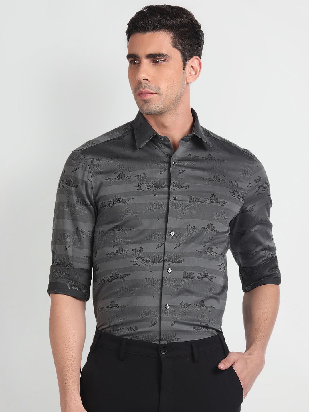 

Arrow Regular Fit Floral Printed Spread Collar Long Sleeve Cotton Formal Shirt, Grey