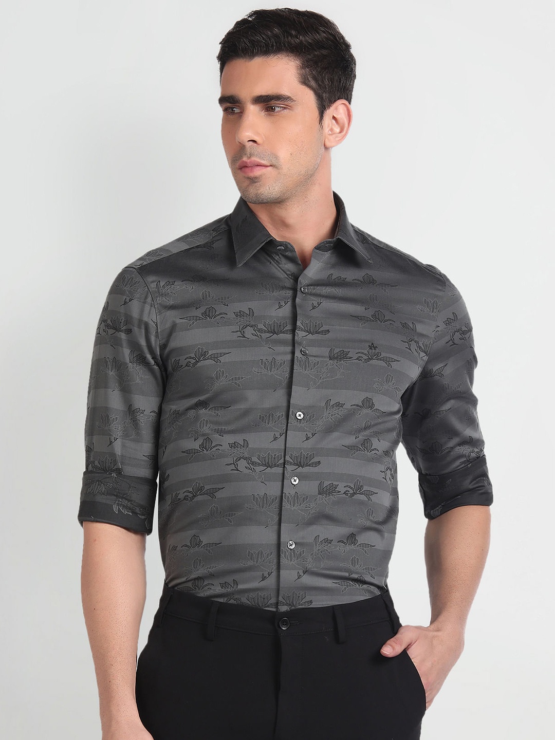 

Arrow Floral Printed Twill Weave Pure Cotton Formal Shirt, Grey