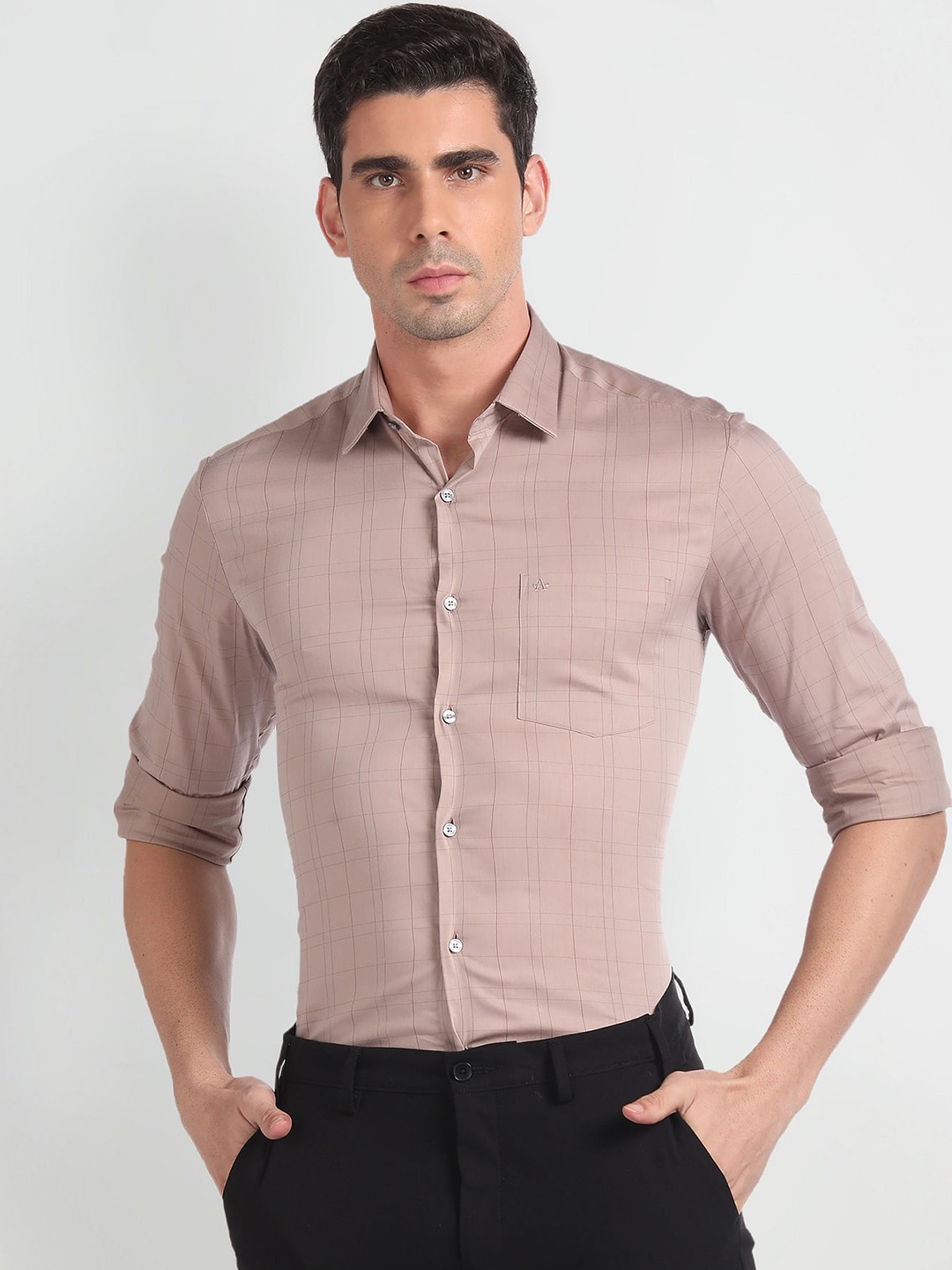 

Arrow Slim Fit Checked Twill Pure Cotton Formal Shirt, Brown
