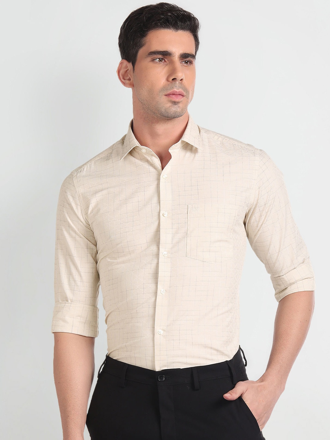 

Arrow Manhattan Slim Fit Micro Checks Cotton Formal Shirt, Beige