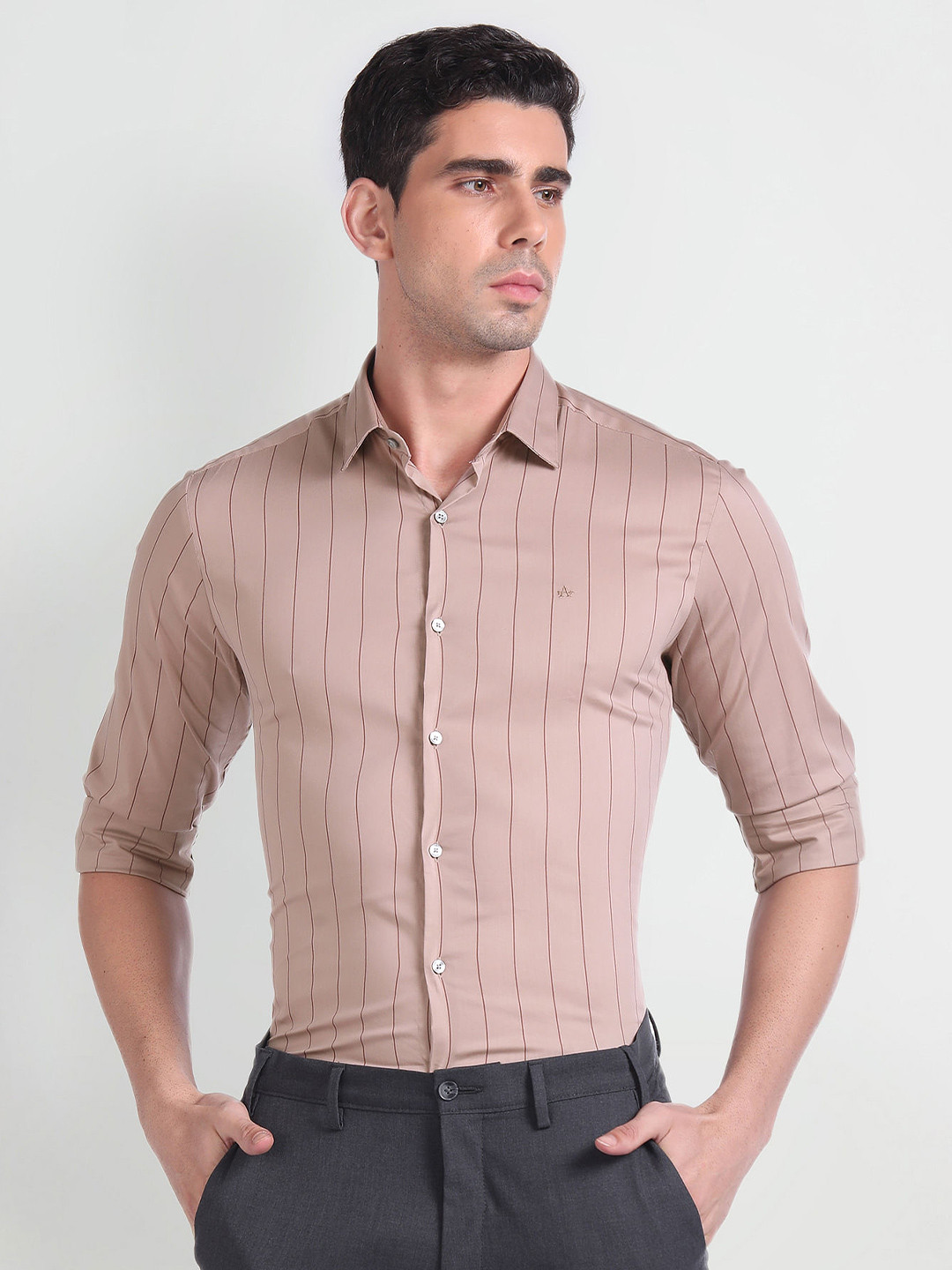 

Arrow Slim Fit Striped Twill Weave Pure Cotton Formal Shirt, Brown