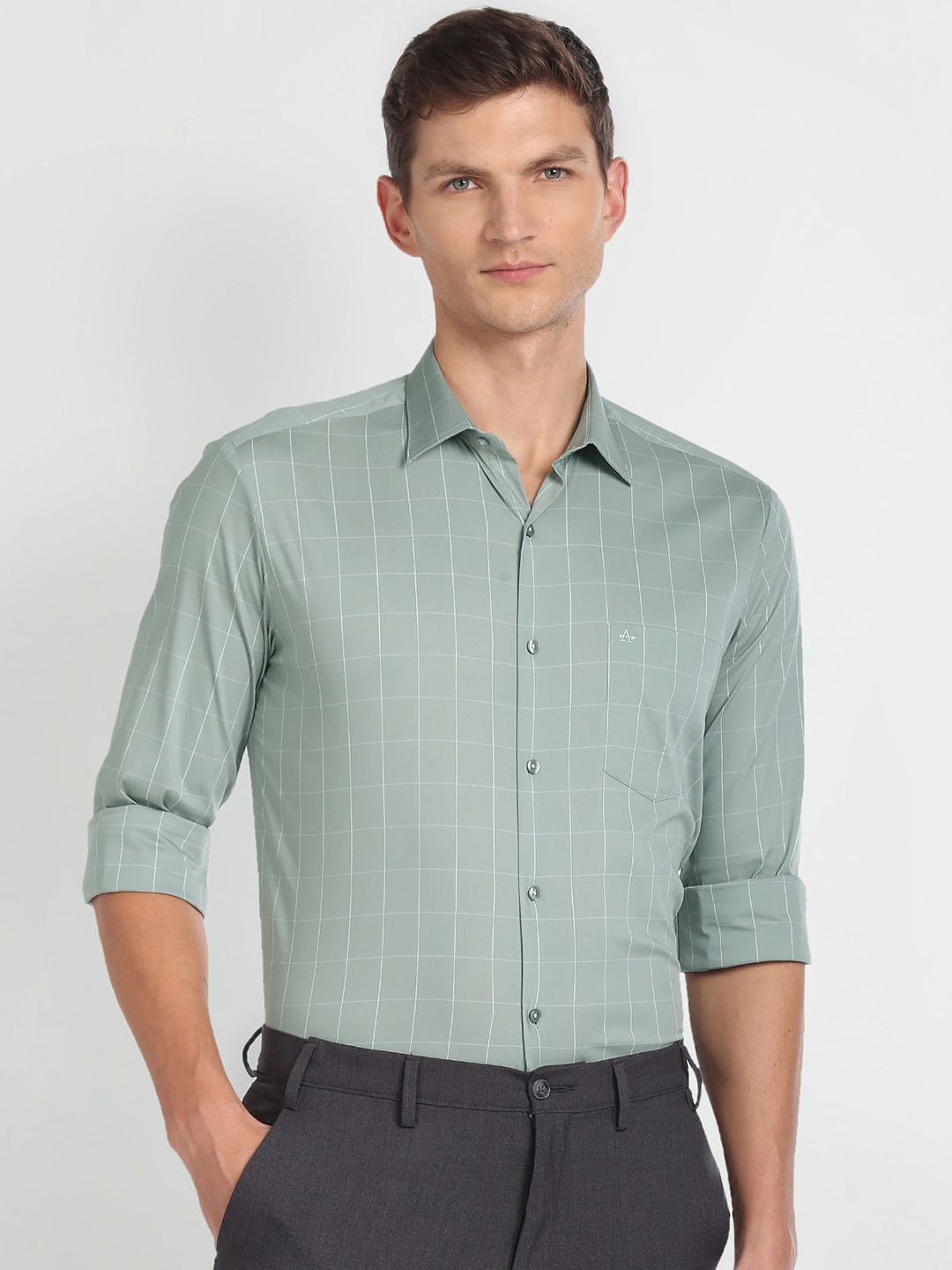 

Arrow Manhattan Slim Fit Windowpane Checks Cotton Formal Shirt, Green