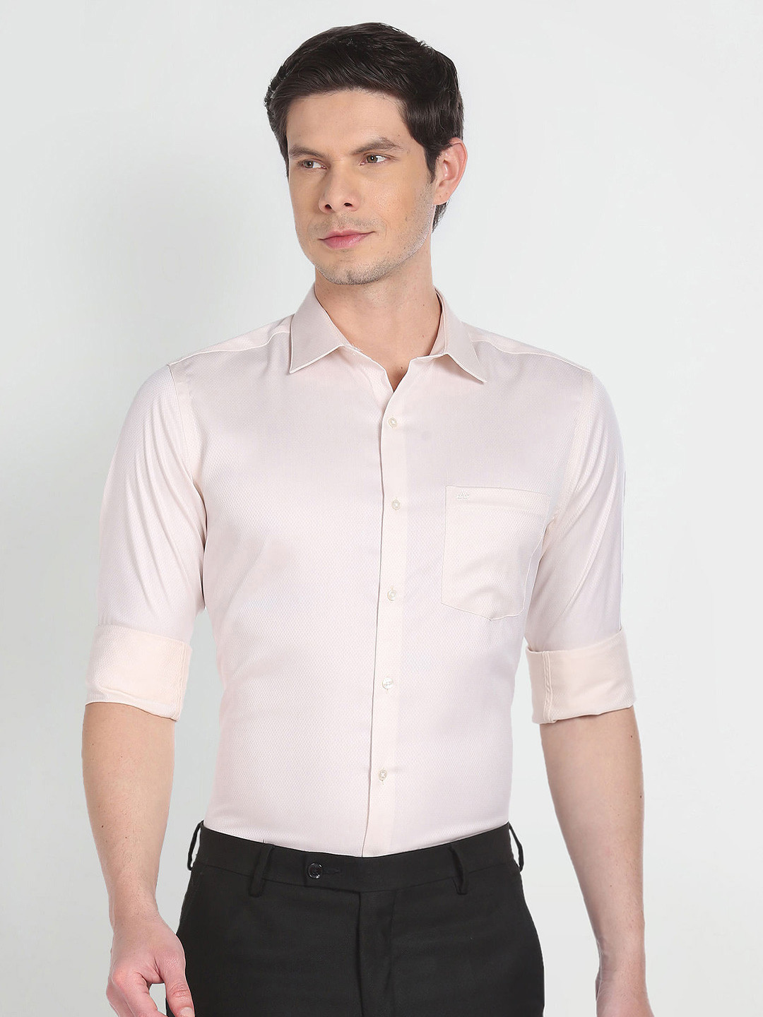

Arrow Micro Print Spread Collar Long Sleeve Pocket Cotton Formal Shirt, Beige