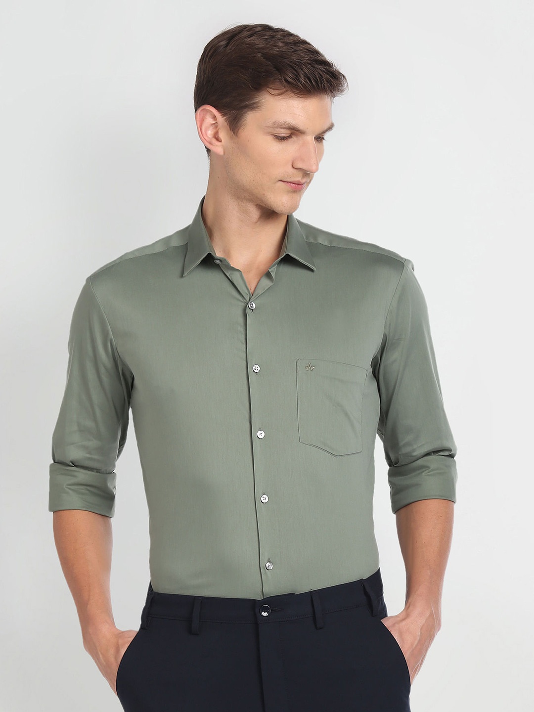 

Arrow Slim Fit Spread Collar Twill Weave Formal Shirt, Green