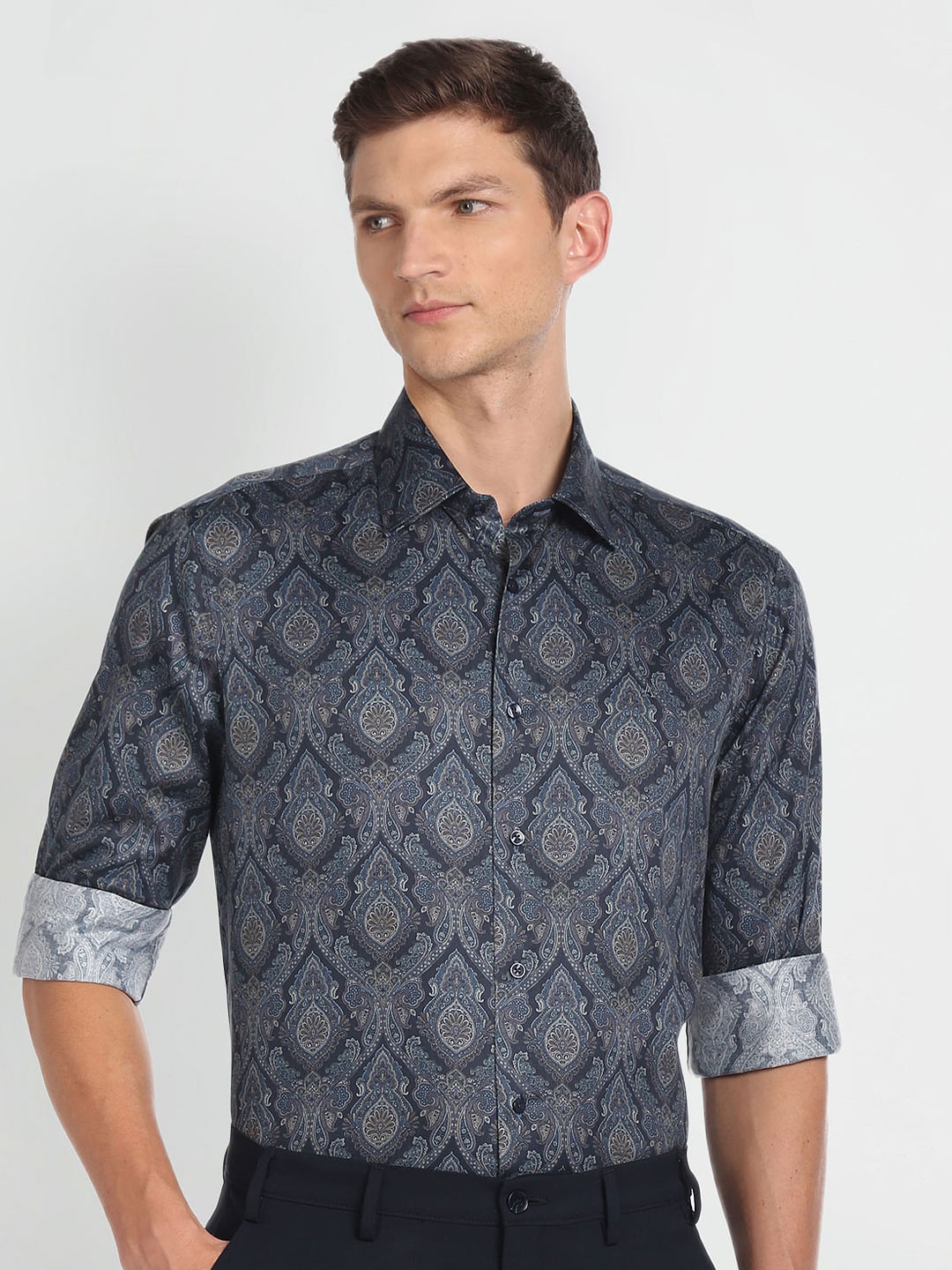 

Arrow Ethnic Motif Printed Spread Collar Cotton Formal Shirt, Blue