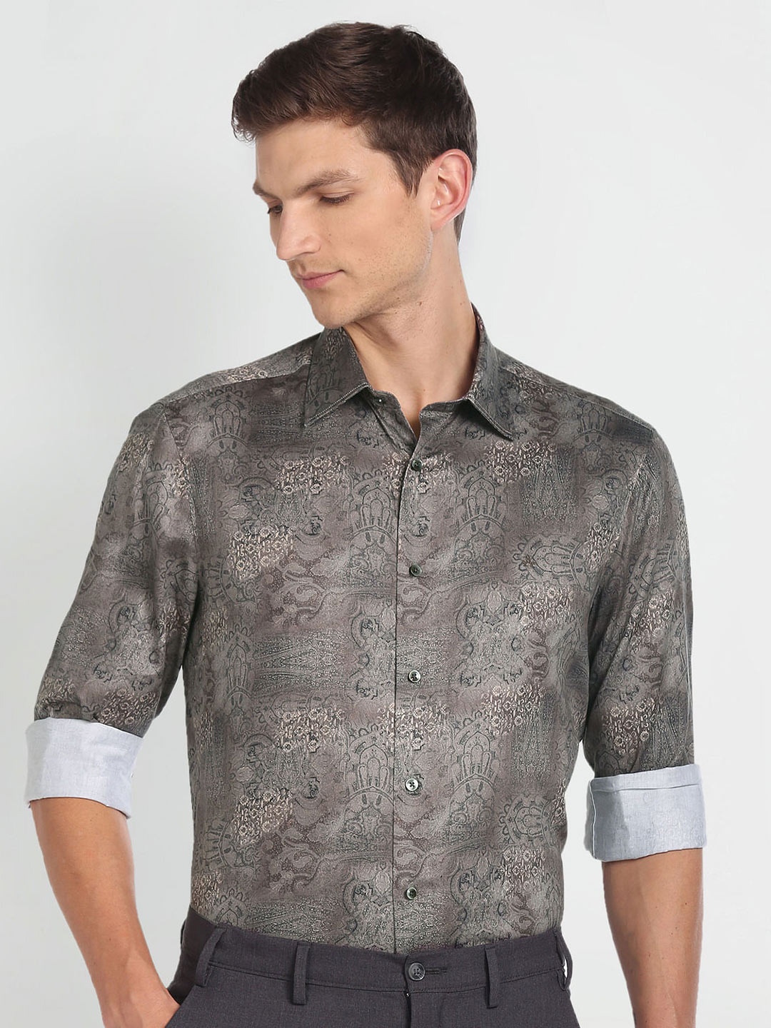 

Arrow Ethnic Motifs Printed Twill Pure Cotton Formal Shirt, Brown