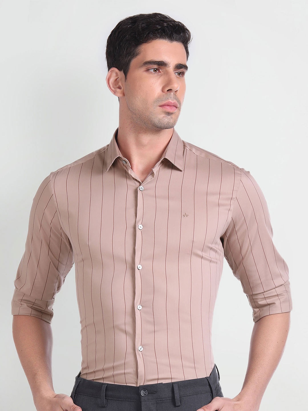 

Arrow Slim Fit Striped Twill Weave Pure Cotton Formal Shirt, Brown
