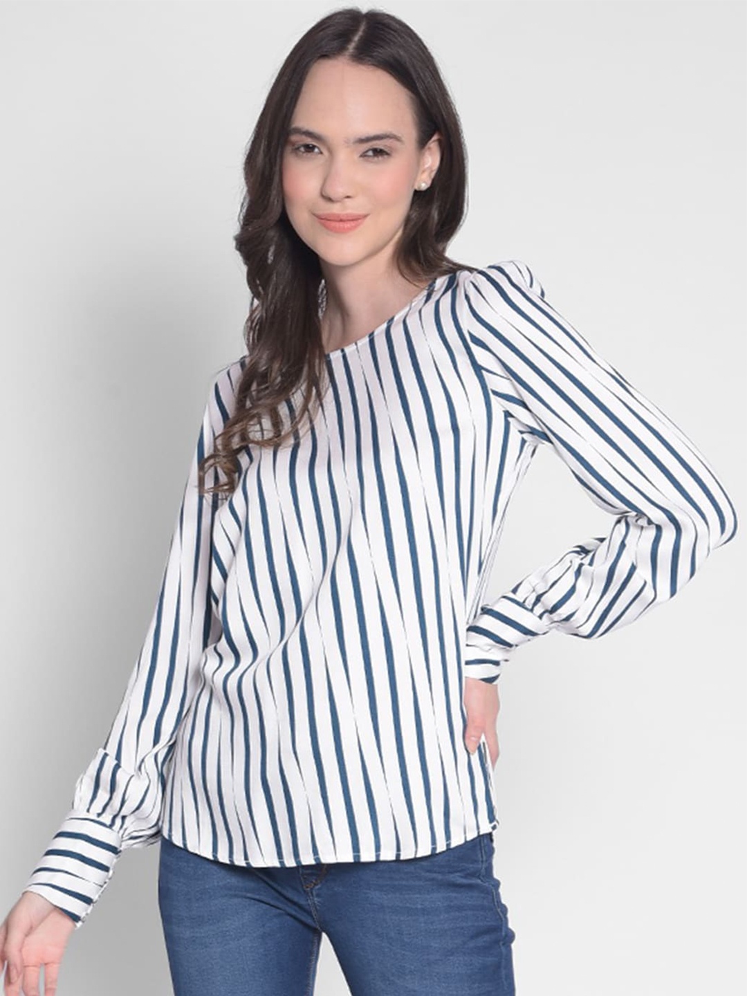 

Crimsoune Club Striped Round Neck Cuffed Sleeves Lyocell Regular Top, White